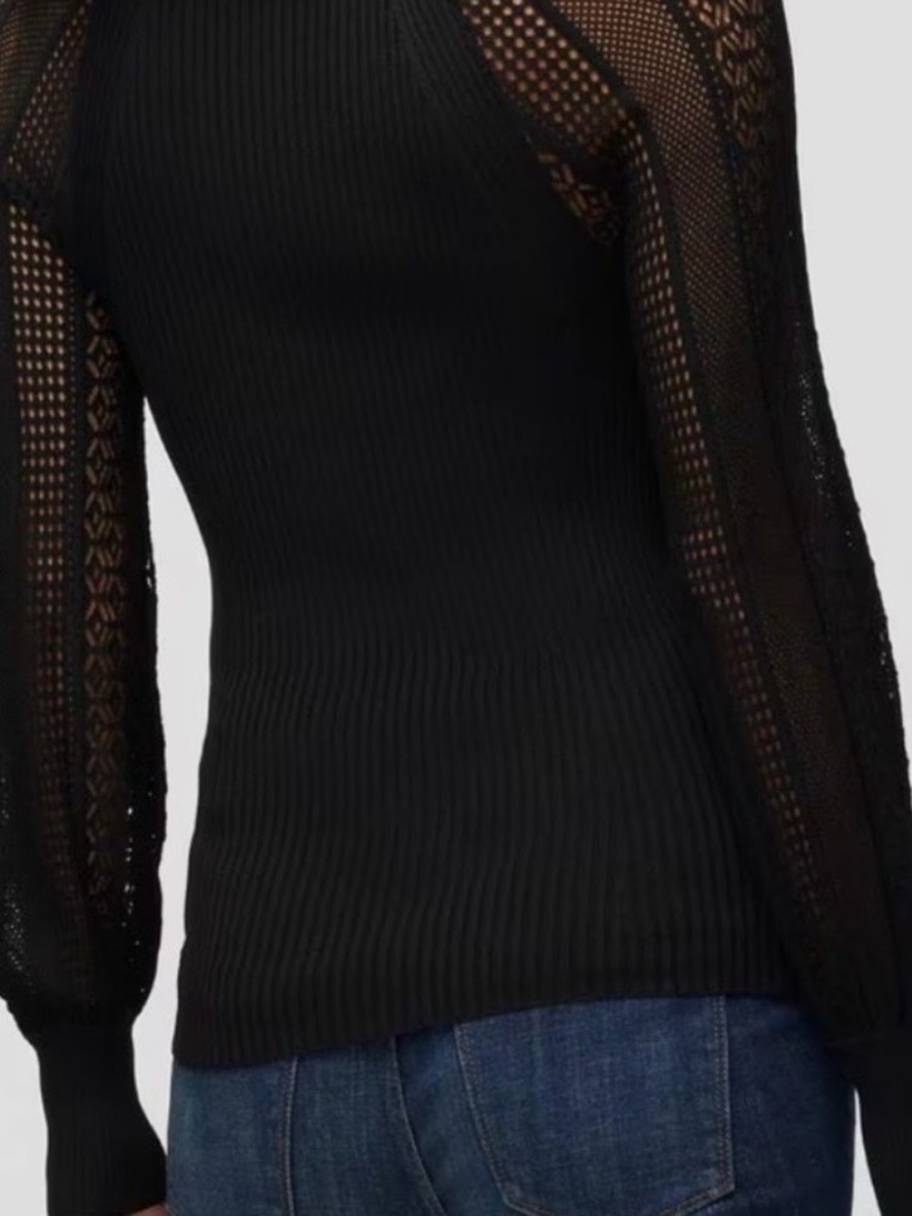 WHBM Black Ribbed Knit Sweater Lace Pointelle Raglan Sleeve - Picture 5 of 6